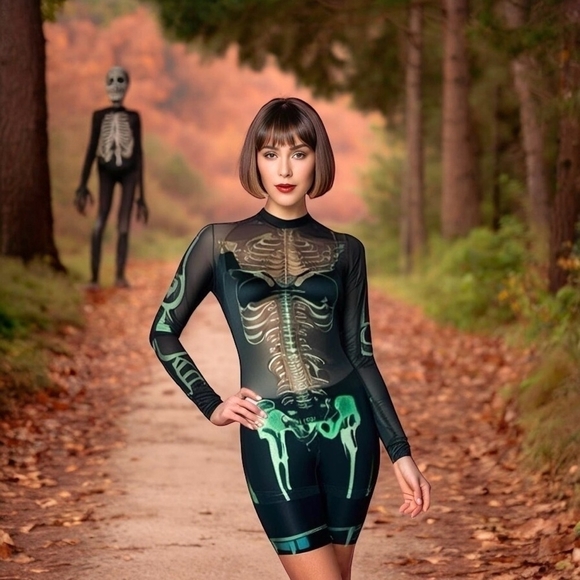 Women Dress SHEIN Reflective Skeleton Print Bodycon Dress Black Sheer Mini Dress - Picture 1 of 10